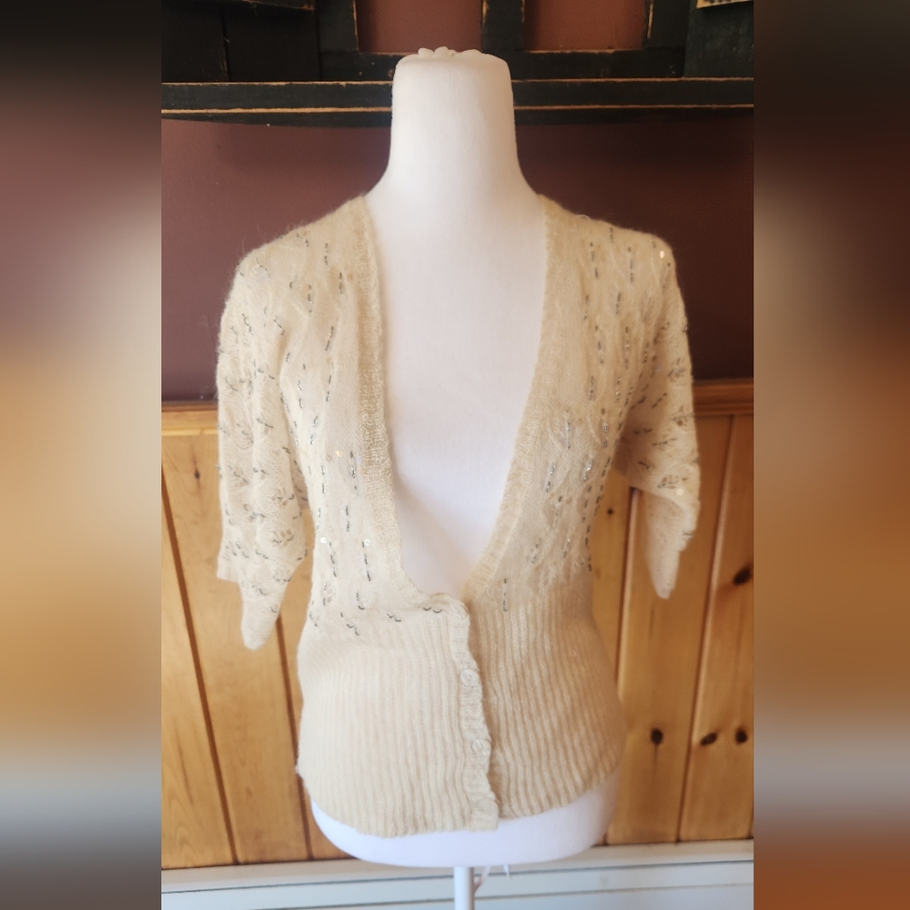 Vintage Ann Tayor Loft Cardigan Sequins And Beads Ivory Wool Size XS - Picture 2 of 9